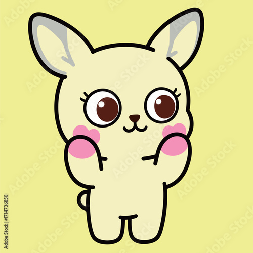 Cute cartoon deer with light brown fur and a shy, sweet expression, raising its paws playfully, in an adorable vector illustration on a yellow background.