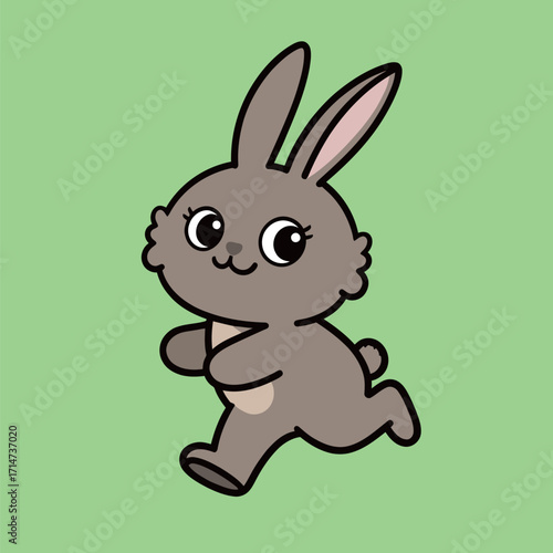Adorable cartoon brown bunny with long ears, running or skipping happily, in a playful and cheerful vector illustration on a light green background.