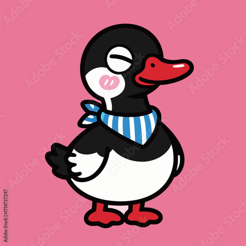An adorable black and white cartoon duck with a red beak and a blue striped scarf, standing on a pink background, illustration in a cute and simple vector style