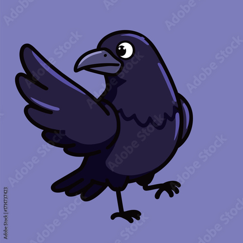 A simple vector cartoon of a purple crow standing with one wing raised as if waving, on a vibrant lavender background, showing a friendly and playful personality