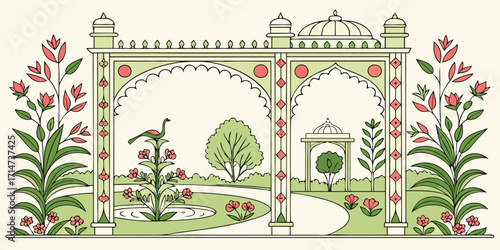 Indian Mughal style garden archway with peacock and blooming flowers in pastel colors architecture