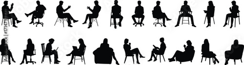 Silhouette, people, sitting, chairs, posture, diversity, office, workplace, interaction, gesture, business, design, minimal, abstract, concept, meeting, professionals, discussion, seated, group