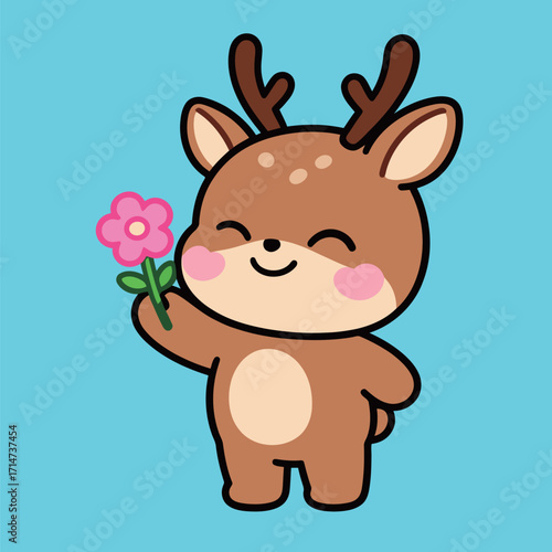 A sweet cartoon baby deer with antlers, holding a pink flower in its hand, with a shy but happy smile, isolated on a bright blue background, vector illustration