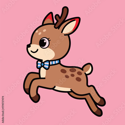 An adorable cartoon baby deer with a cute blue and white striped bow tie, caught mid-leap with a happy smile, isolated on a pink background, vector illustration