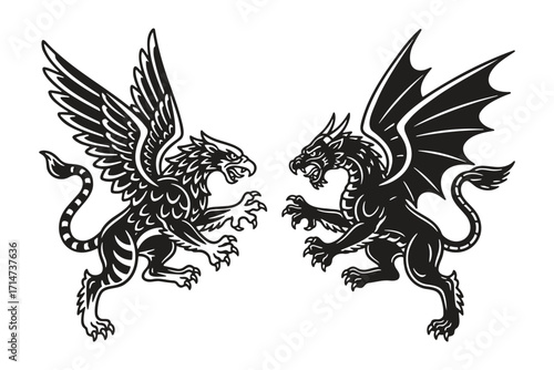 Heraldic Griffin and Dragon Battle Vector Design