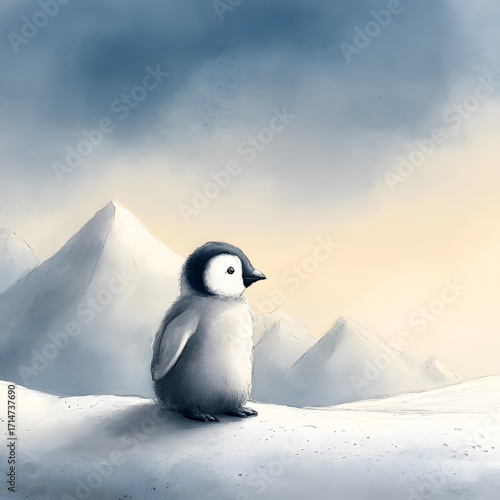 Cute Baby Penguin on Snowy Landscape with Mountains