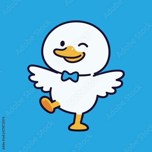 A cute cartoon white duck with a yellow beak and a blue bow tie, standing on one leg and winking playfully, isolated on a bright blue background, vector illustration