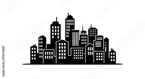 A stylized cityscape silhouette, showcasing a cluster of varied skyscrapers and buildings against a white background.