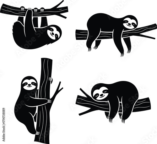 Sloth silhouette vector icon set. Cute lazy animal character collection hanging, sleeping, and climbing on a tree branch