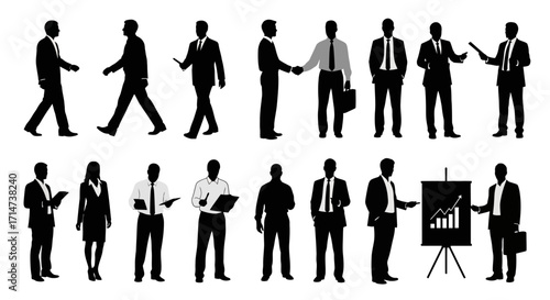 Silhouette figures of businesspeople in various professional poses.