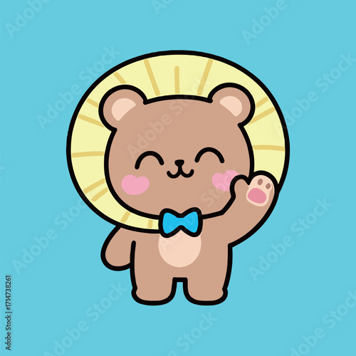 An adorable cartoon brown bear with a yellow lion-like mane and a blue bow tie, waving happily, a simple vector illustration on a bright blue background