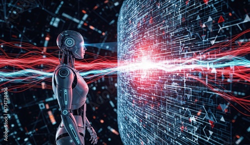 A robot faces a digital wall with red and blue streams emanating from its eyes