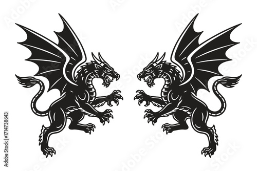 Symmetrical Heraldic Dragon Vector Design - Mythical Beast Illustration