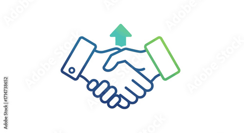 Illustration depicts a handshake with an upward-pointing arrow, symbolizing growth.