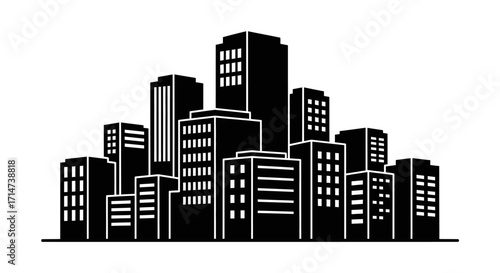 Silhouette of a modern city skyline, showcasing numerous buildings of varying heights.