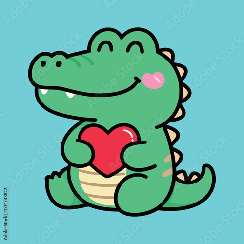 A cute cartoon green alligator or crocodile happily sitting and holding a bright red heart, a simple vector illustration in a loving and gentle style on a blue background