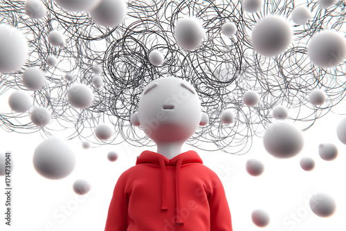 Digital artwork of stressed individual, immersed in swirling chaotic shapes, representing mental overload.