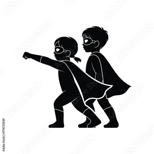 Two children in silhouette wearing superhero costumes with capes and masks ready for action
