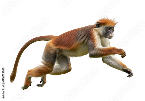 A red-brown monkey leaps gracefully against a stark black background, showcasing detailed fur and dynamic action.