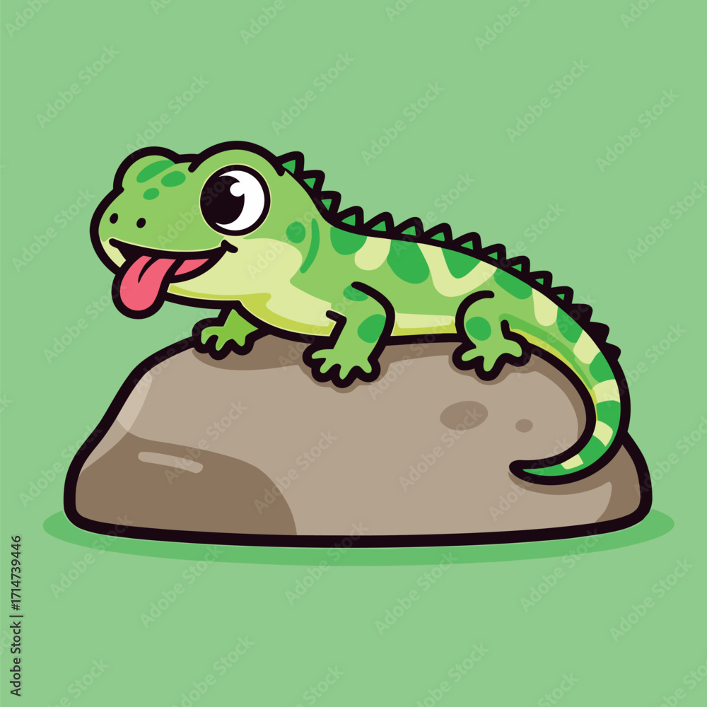 Obraz premium Cute Cartoon Lizard with a Big Smile and Tongue Sticking Out Lying on a Rock