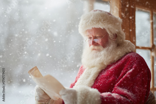 cheerful santa claus wearing stylish glasses is diligently reading his famous list in winter wonderland surrounded
