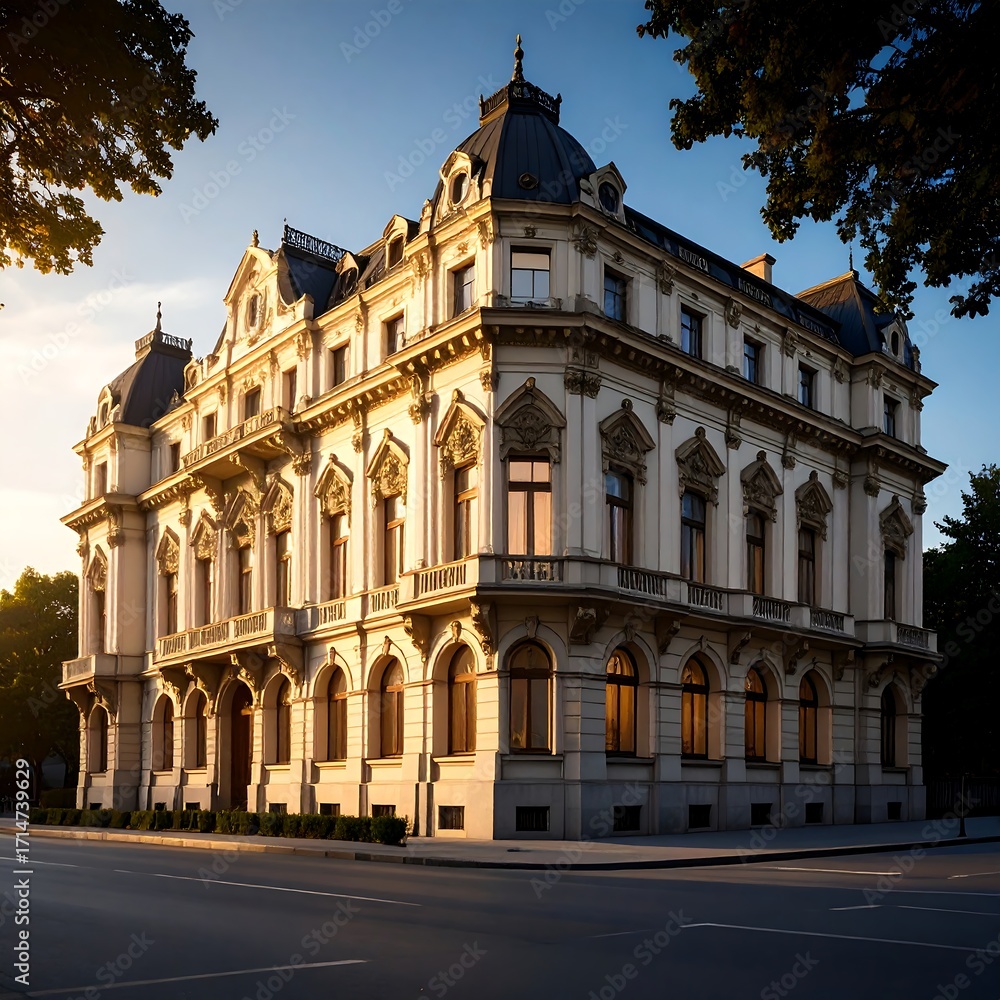 Fototapeta premium Ornate building facade at dawn
