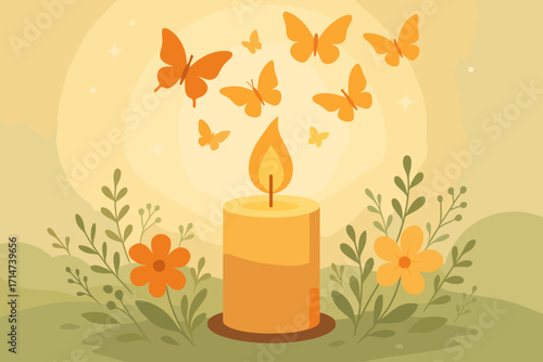 Warm illustration of a candle with butterflies and flowers in a serene setting