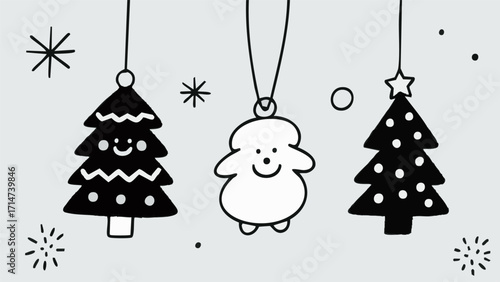 Illustrations depicting Scandinavian-style Christmas charms and accessories in a simple, minimalist style. Winter. December. New Year. Wreath. Charm. Ornament. Snowman. Present.
