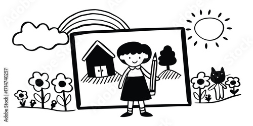 Black and white illustration of a girl holding a pencil in front of her drawing of a house, tree, and cat Keywords: illustration, drawing, childs drawing, pencil, girl, house, tree, cat, rainbow