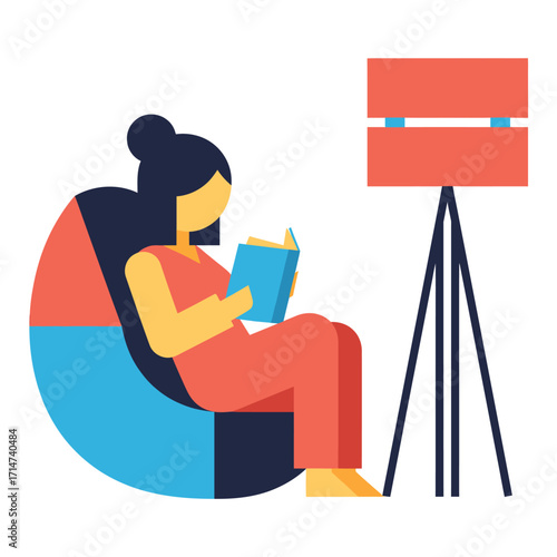 Person in beanbag chair reading book near tripod floor lamp vector illustration