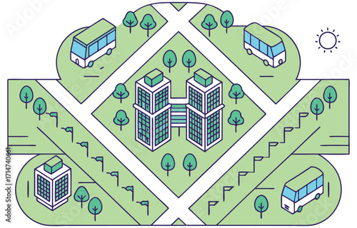 Futuristic eco city with rooftop gardens and modern towers illustration