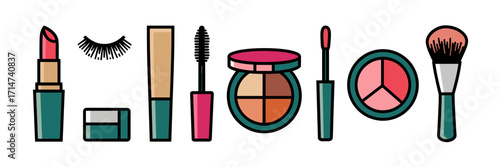 Minimalist vector icon sheet of makeup accessories including lipstick, mascara, and brush