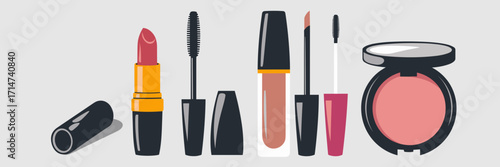 Vector illustration of makeup icons including lipstick, mascara, eyeliner, and blush