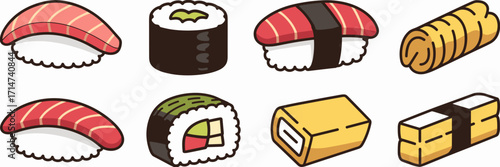 Vector icon sheet of sushi including nigiri, maki roll, gunkan-maki, and tamagoyaki