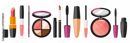Vector icon sheet of makeup products including lipstick, eyeliner, mascara, and blush