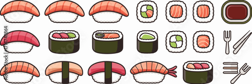 Vector icon sheet of sushi including nigiri, maki rolls, and sushi rolls with soy sauce