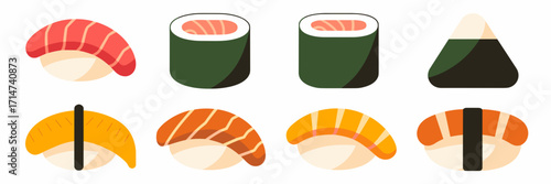 Circular vector icon sheet of sushi including nigiri, maki roll, gunkan-maki, onigiri, and tamagoyaki