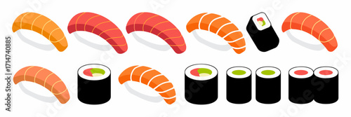 Vector icon sheet of sushi including nigiri, maki rolls, tempura roll, and sashimi