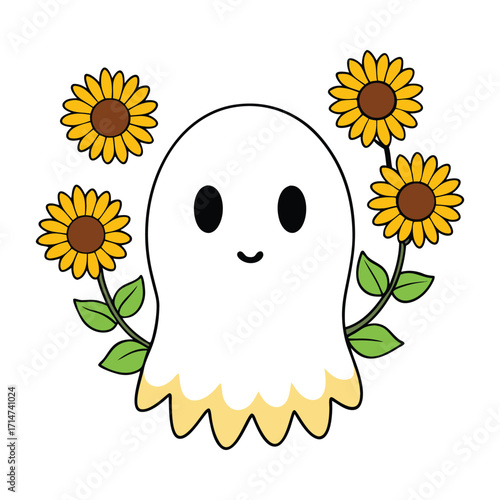 Cute ghost with sunflowers autumn art