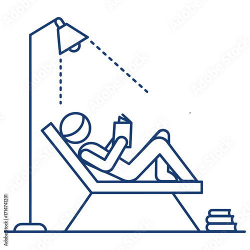 Person reclining on lounge chair reading book under floor lamp vector illustration