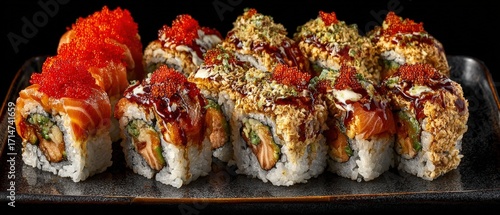 An appealing display presents an assortment of delicious sushi rolls with various toppings on a black rectangular plate against a dark backdrop.