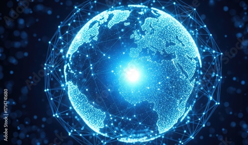 Blue interconnected globe with a bright central light representing global communication