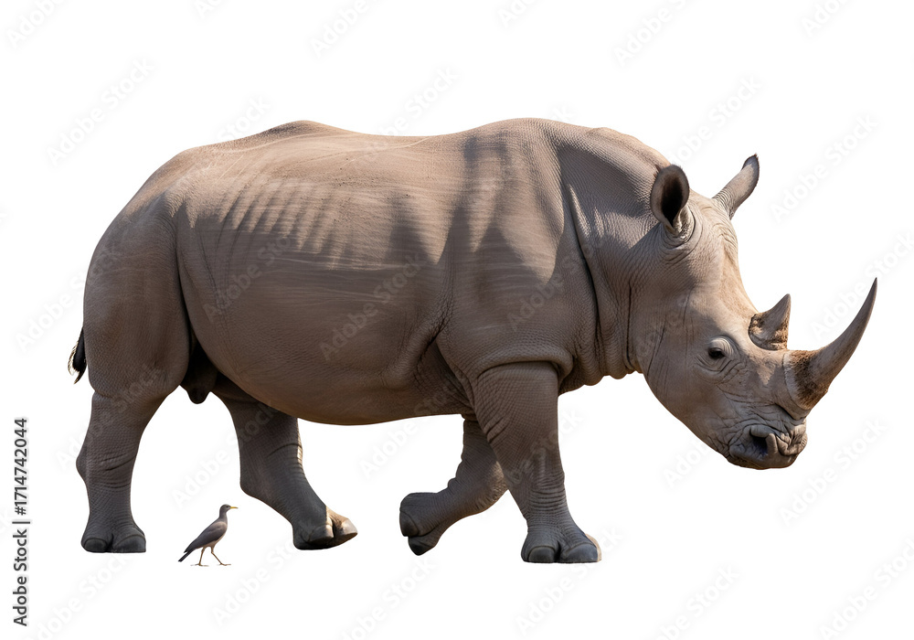 Fototapeta premium A large, light gray rhinoceros, walking, dominates the image against a black background; a small bird is seen walking alongside it.