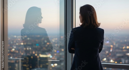 Executive businesswoman watching her reflection in the office window at dusk