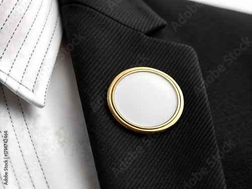 Blank enamel lapel pin mockup with gold border on black blazer for custom design
