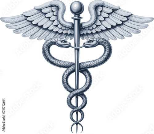 Caduceus Symbol with Winged Staff and Two Serpents Vector Isolated on White for Medical, Mythological, Healthcare, and Commercial Concepts