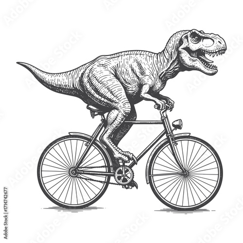 Tyrannosaurus Rex Riding Vintage Bicycle Engraving Vector Illustration