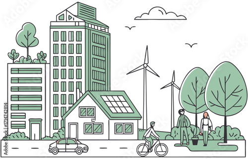 Urban skyline with modern apartment towers and renewable energy illustration