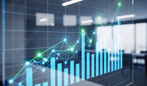 Chart showing upward trending data with green lines blue bars in front of an office space