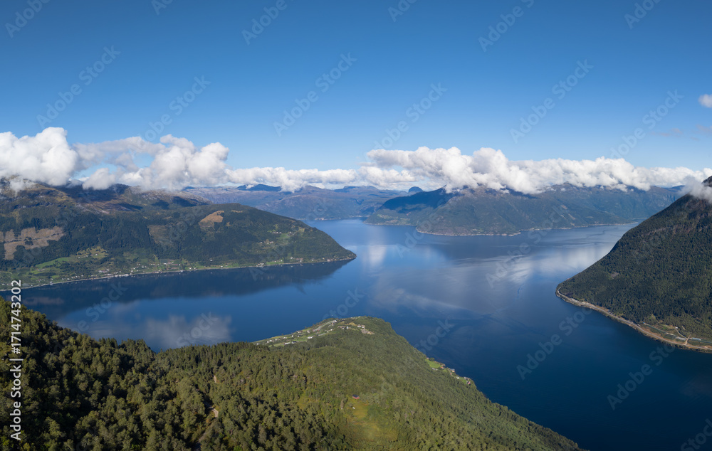 Naklejka premium Panorama of Hardangerfjord in Norway during sunny day, one of the biggest fjords in Norway